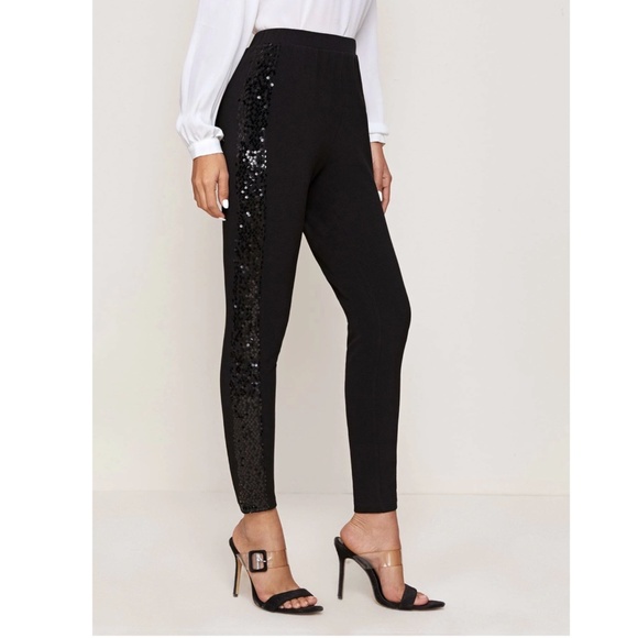 Black Sequin Embellished Elegant Skinny Stretchy Pants Elastic Waist Long - Picture 1 of 6